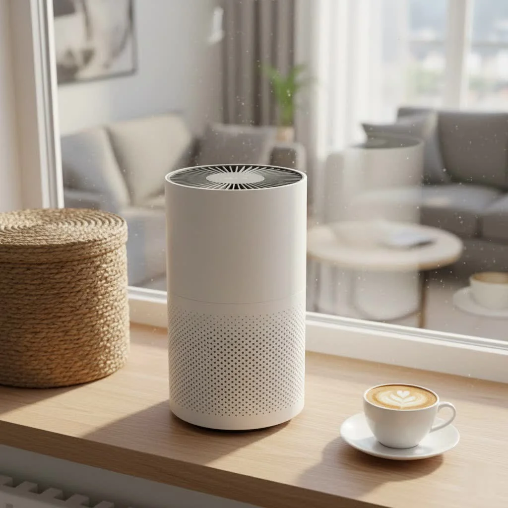 Small air purifier on a wooden desk with a plant