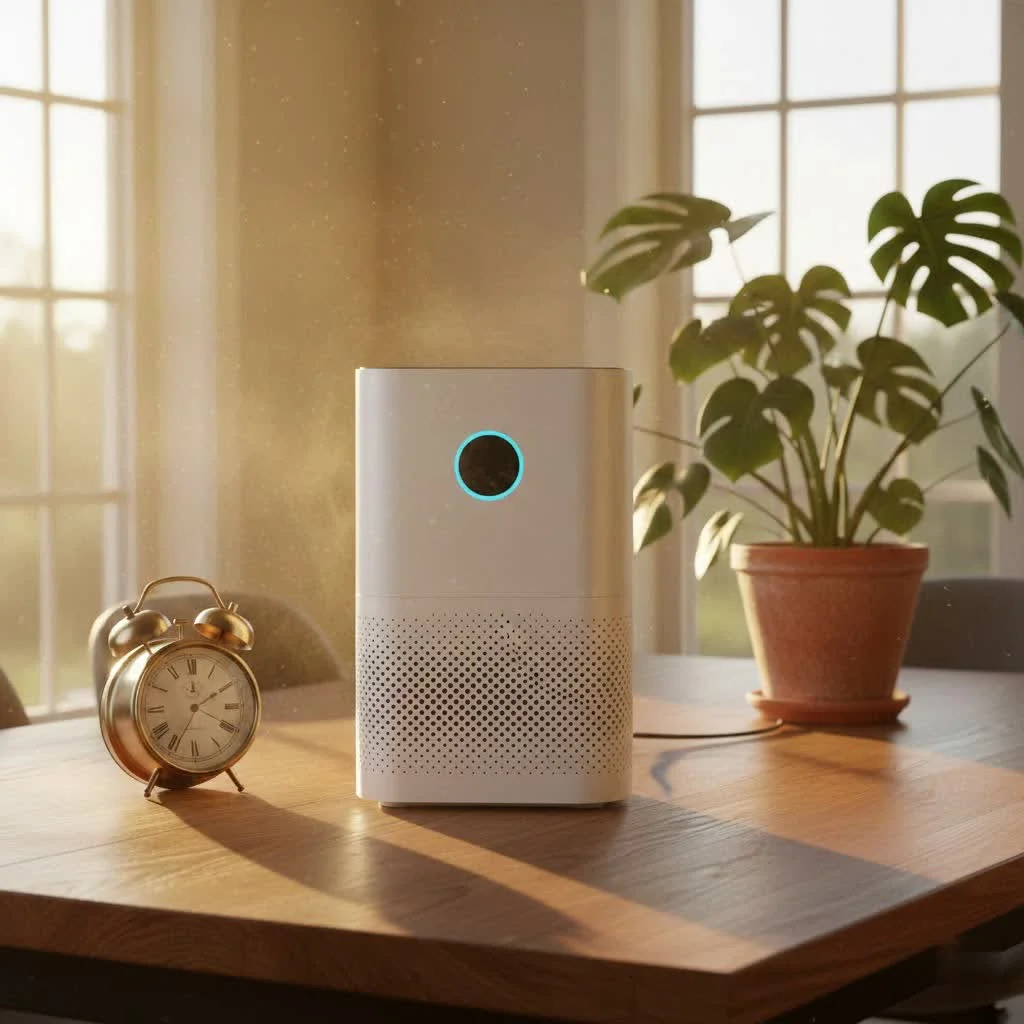 Modern air purifier operating in a clean living room