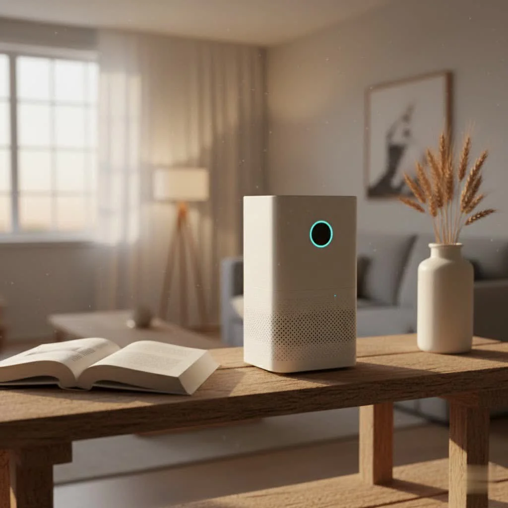Air purifier operating in a clean, modern living room