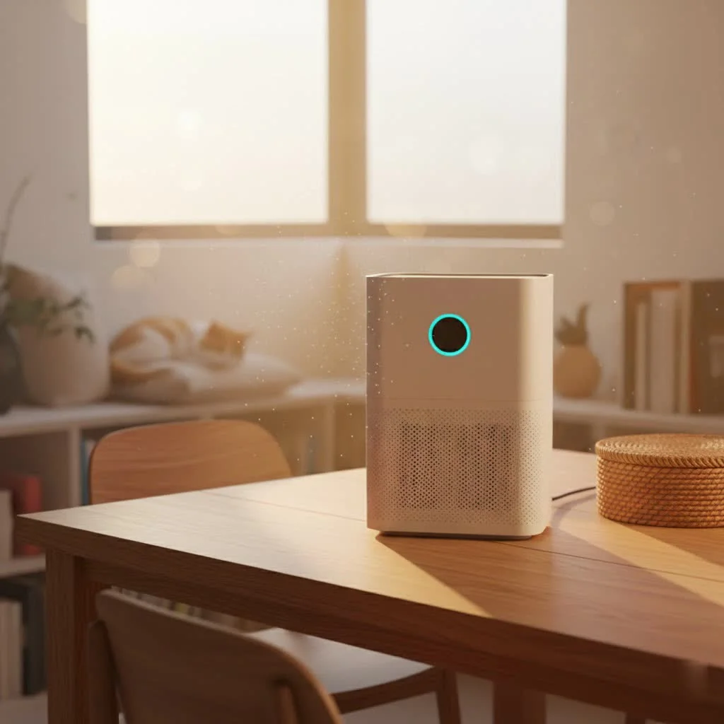 Air purifier operating in a clean, modern living room