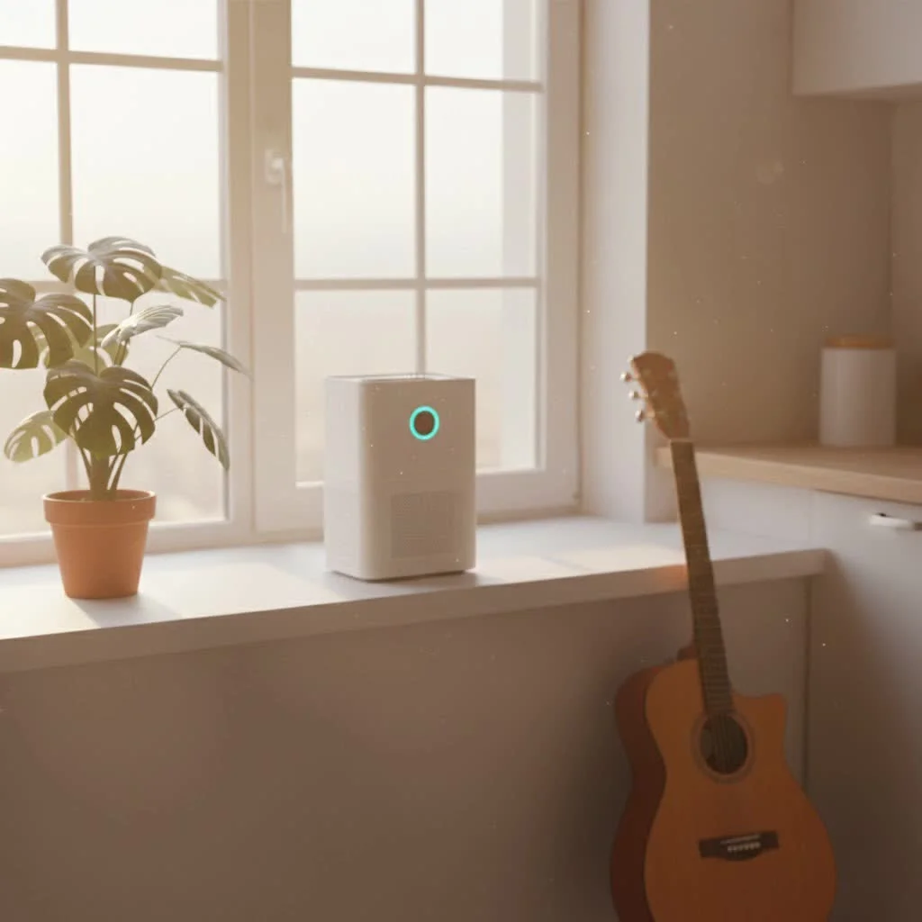 Dehumidifier air purifier combo unit in a modern living room