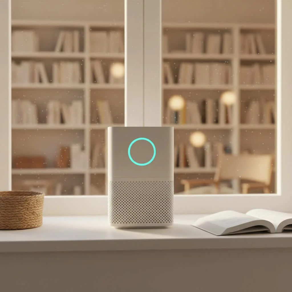 Homedics air purifier operating in a clean, modern living room