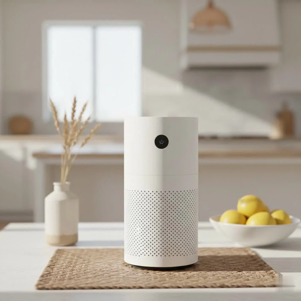 A modern air purifier in a clean living space