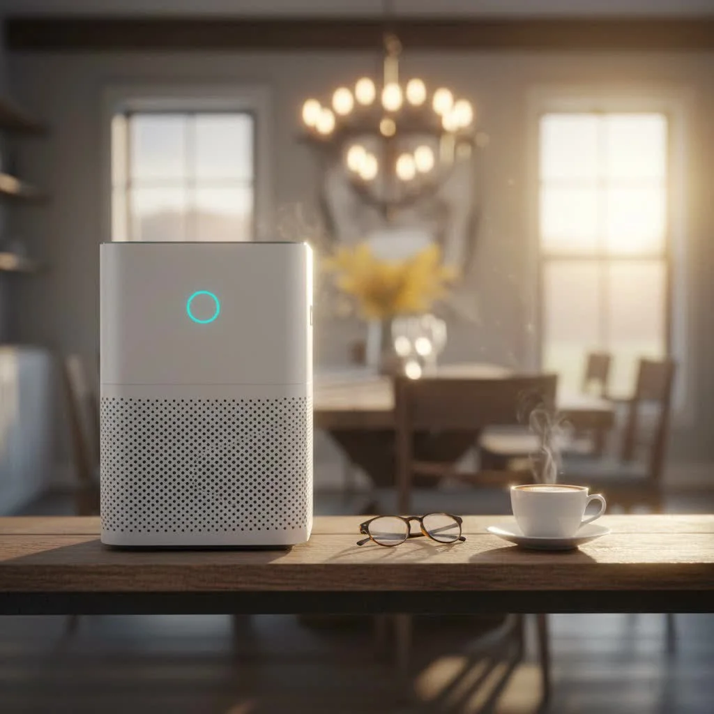 Modern air purifier in a spacious, bright living room