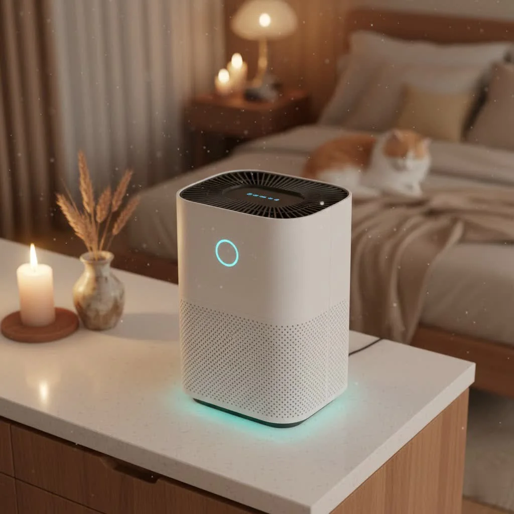 Person researching air purifiers on a laptop