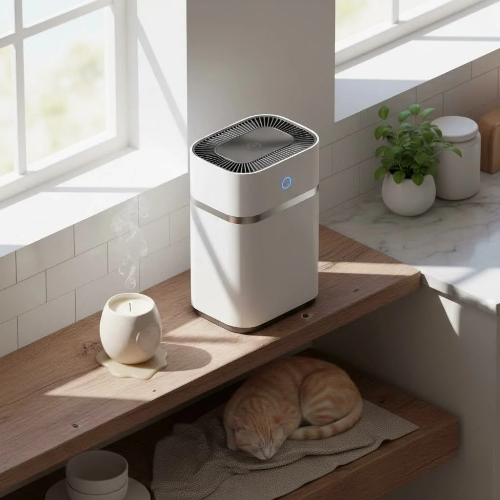 Air purifier running in a clean, modern living room