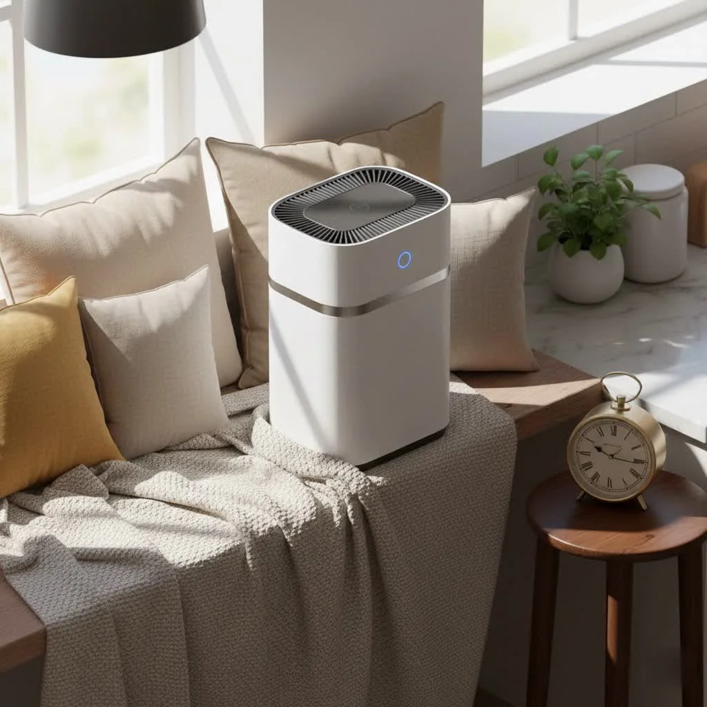 Air purifier and humidifier combo unit in a modern living room