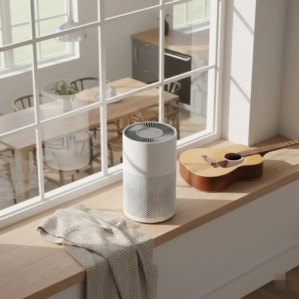 A portable air purifier operating in a modern living room