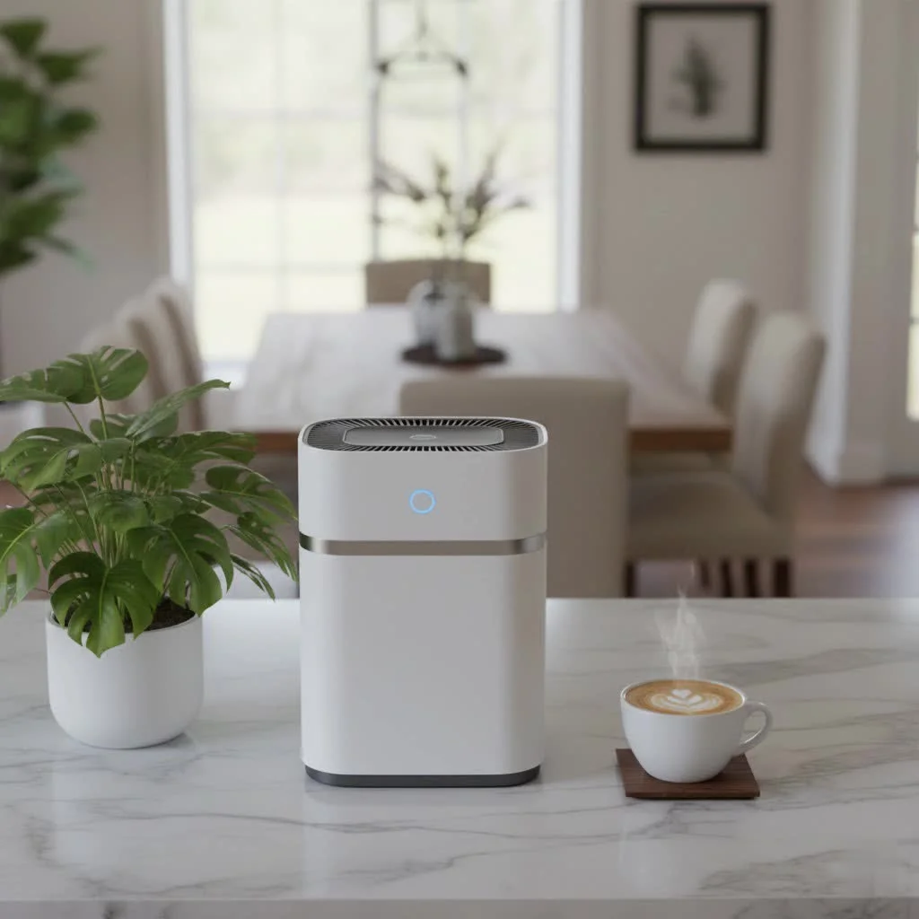 Modern room air purifier operating in a clean living room