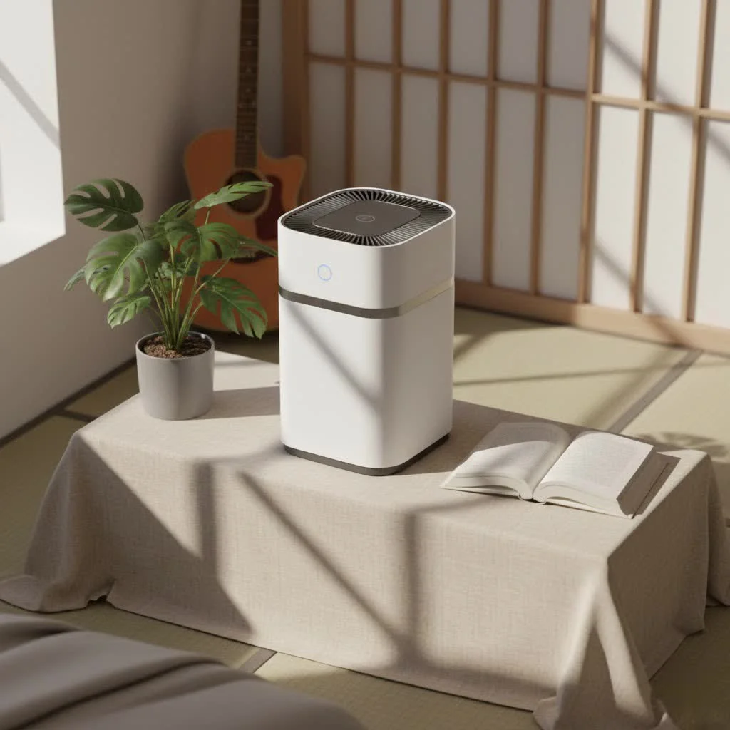 Air purifier in a modern bedroom with a plant and lamp