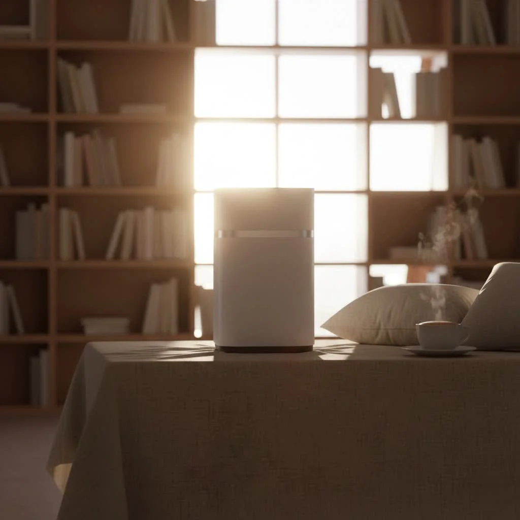 Blueair air purifier with a blue fabric pre-filter in a modern living room