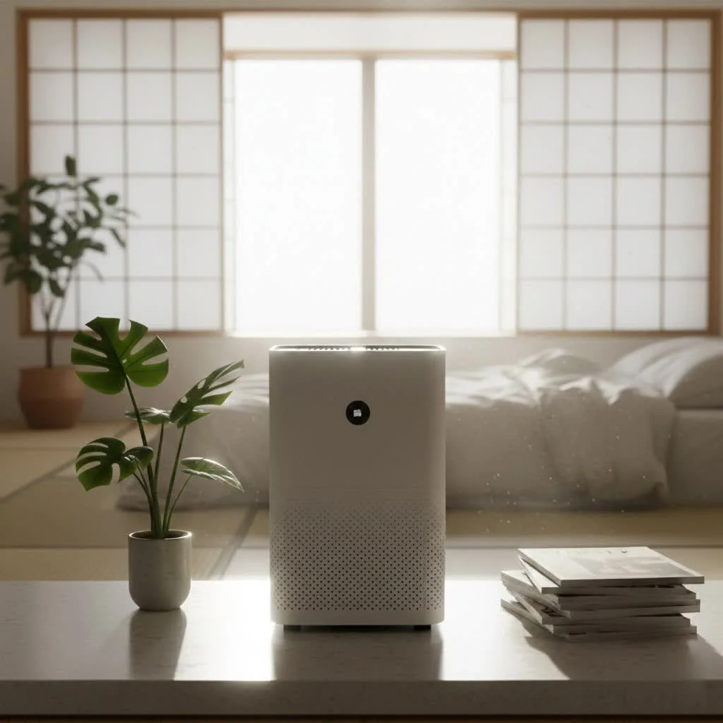 Air purifier operating in a room with visible mold growth